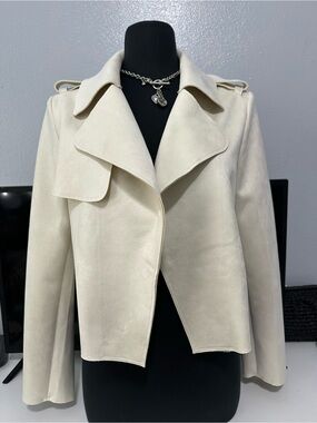 Women's Light Cream Open-Front Trench Coat Jacket